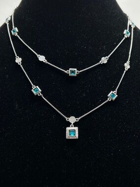 Nine West, Silver And Blue Crystal Double Strand Necklace